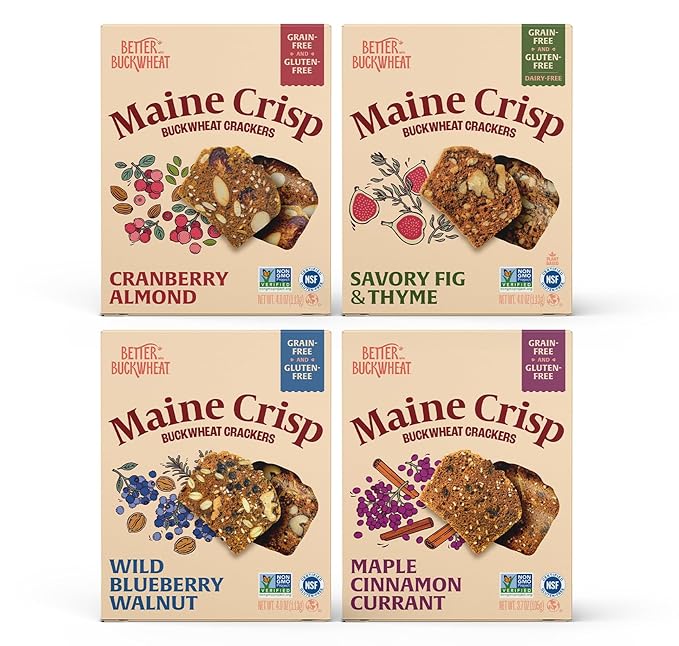 Maine Crisp Variety 4 Pack, Gluten Free Crackers - Snack Crackers, Grain Free, Non-GMO - Cranberry Almond, Cinnamon Maple, Savory Fig & Thyme, Wild Blueberry Walnut, For Cheese Boards, Salad Toppings & Jams