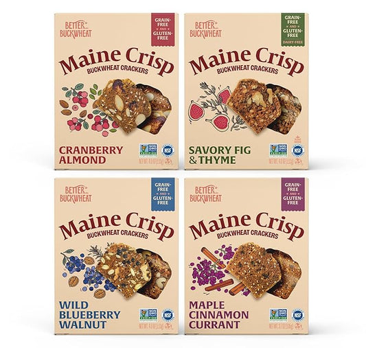 Maine Crisp Variety 4 Pack, Gluten Free Crackers - Snack Crackers, Grain Free, Non-GMO - Cranberry Almond, Cinnamon Maple, Savory Fig & Thyme, Wild Blueberry Walnut, For Cheese Boards, Salad Toppings & Jams