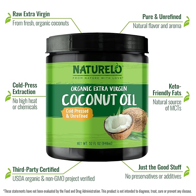NATURELO Coconut Oil - Multi-Purpose Extra Virgin Coconut Oil for Skin, Organic Oil for Cooking, Unrefined Oil for Hair 32 oz (Pack of 2)