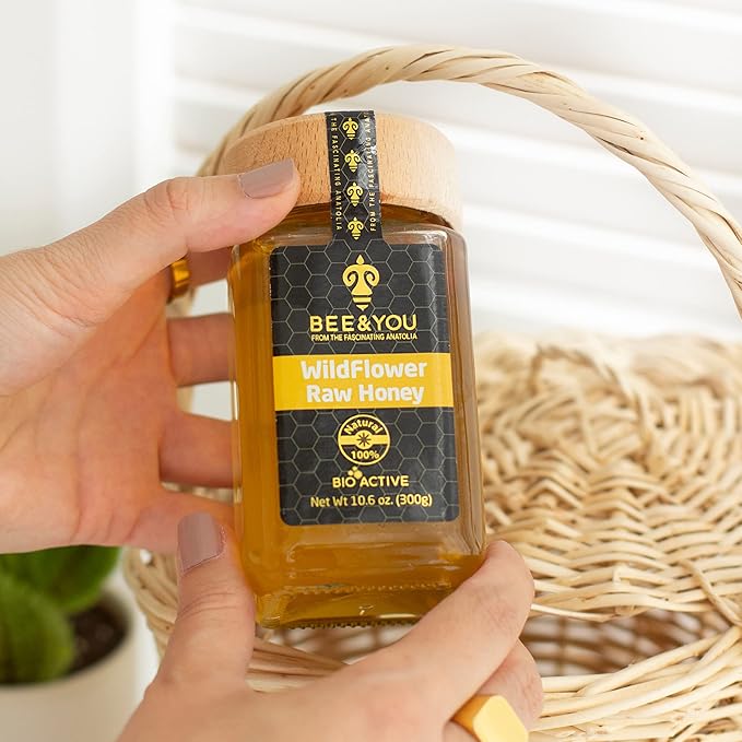 Bee and You Raw Wildflower Honey, 100% Natural, Wildcrafted, Polyflora and Unprocessed, Active Enzymes, Antioxidants, OU Kosher, Paleo, Gluten-Free, 10.6 oz