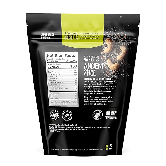 Dry Roasted Cashews Himalayan Salted (2 Lbs.) - Baked in Small Batches for Added Freshness - Oven Roasted to Perfection without Oil - Farm Fresh Nuts Brand