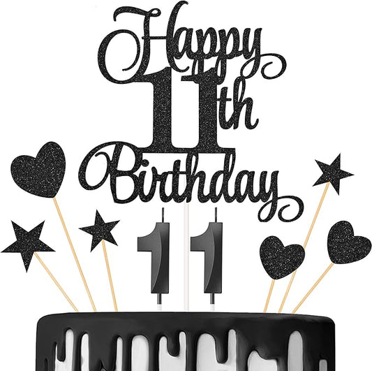 11th Birthday Cake Decorations, 11th Birthday Candles Cake Numeral Candles and Glitter Happy 11th Birthday Cake Toppers Set for Birthday Party Supplies (Black)