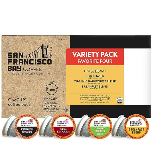 San Francisco Bay Compostable Coffee Pods - Original Variety Pack (120 Ct) K Cup Compatible including Keurig 2.0, French, Breakfast, Fog, Organic Rainforest