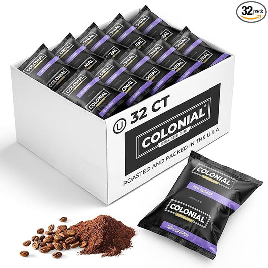 Colonial Coffee 32 Count Single Pot Coffee Packets ??100% Arabica Colombian Medium Roast | Pre-Measured Frac Packs for 12 Cup Maker | Bulk Ground Gourmet Coffee for Home & Office