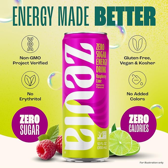 Zevia Zero Sugar Energy Drink, Raspberry Lime, 12 oz Cans (12-Pack) – Naturally Sweetened, Zero
