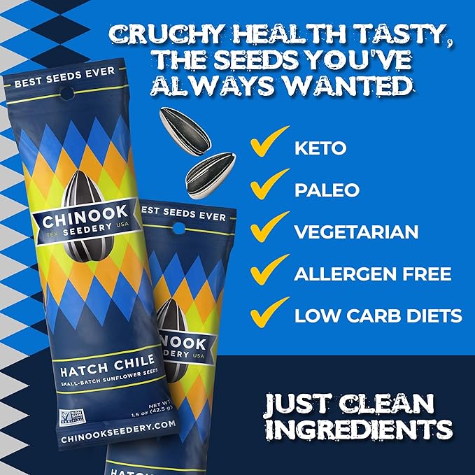 Chinook Seedery Roasted Sunflower Seeds to Eat - 1.5 oz (Pack of 36) Hatch Green Chile - Jumbo Low Sodium Sunflower Seeds Keto Snacks - Adventure, Baseball, School Snacks - Gluten Free, Non GMO Snacks