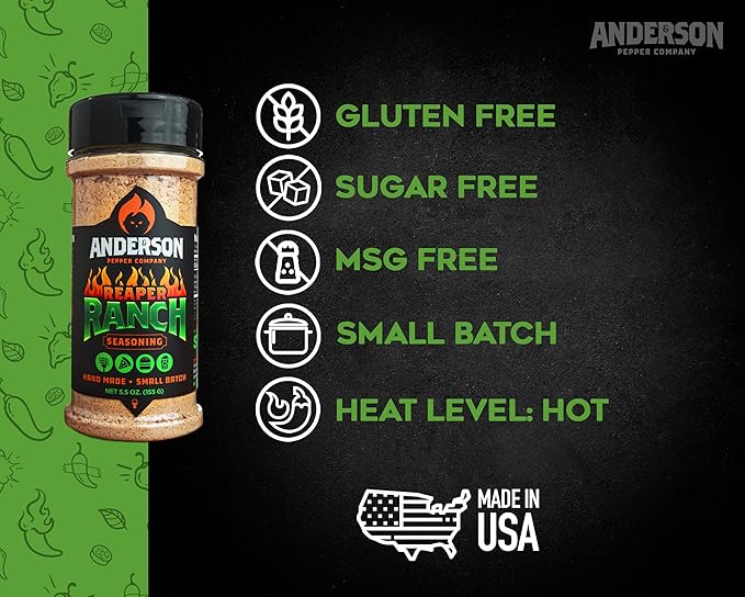 Anderson Pepper Company - Reaper Ranch Seasoning - Carolina Reaper Ranch All-Purpose Spicy Seasoning, Dip Mix, Rub for Grilling, Everyday Use, Sugar-Free, Gluten-Free 5.5 oz. Jar