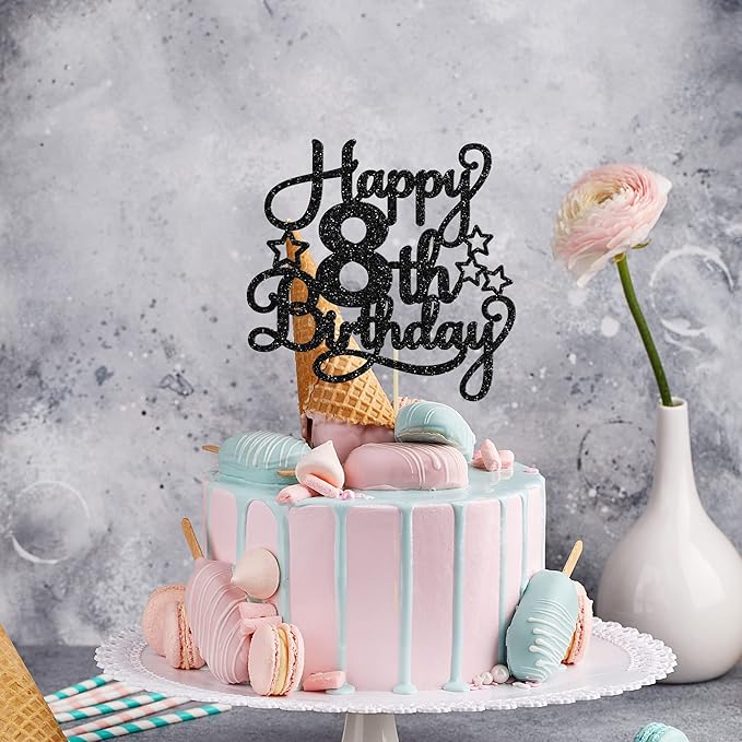 1 Pack Happy 8th Birthday Cake Topper Black Glitter 8th Birthday Cheers to 8 Years Old Birthday Cake Pick for Celebrating 8th Birthday Anniversary Party Cake Decorations Supplies