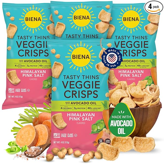 BIENA Tasty Thins Veggie Crisps - Made with Avocado Oil - Low Calorie Veggie Chips for Adults and Kids - 4-Pack, 4 Ounce Bags - Himalayan Pink Salt