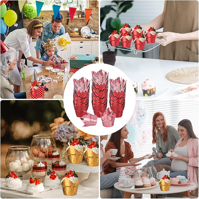 uxcell 100 Pcs Tulip Cupcake Liners, Muffins Liners Aluminum Foil Cupcake Wrappers Baking Cups Muffins Liners for Wedding Birthday Party Supplies, Red/Rose Gold