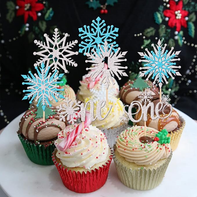 28 PCS One Snowflake Cupcake Toppers Glitter Winter Snowflake 1st Birthday Cupcake Picks First Birthday Snowflake Cake Decorations for Winter Wonderland Theme Baby Shower 1st Birthday Party Supplies