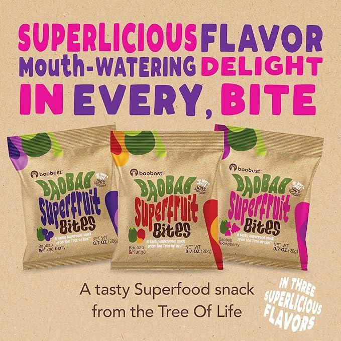Baobest Superfruit Bites - Baobab Superfruit Variety Pack - Berry, Mango, and Raspberry - Vegan, Gluten Free, High in Vitamin C, Preservative-Free, Superfood Snack from the Tree of Life - 15 Servings