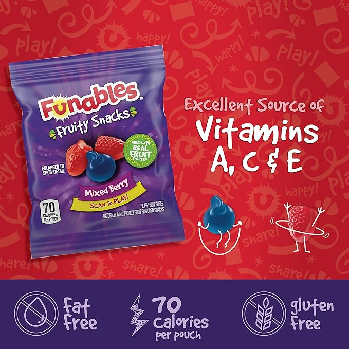 Funables Fruity Snacks, Mixed Berry Fruit Flavored Snacks, 0.8 Ounce Pouches (Pack of 10)