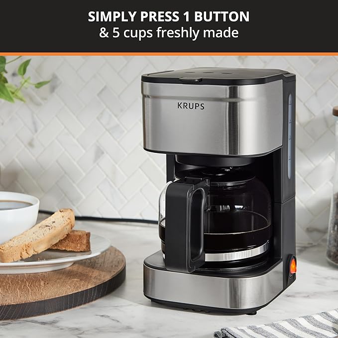 Krups Simply Brew Stainless Steel Drip Coffee Maker 5 Cup, Keep Warm Function, Reusable coffee filter, Ultra Compact 650 Watts Coffee Filter, Drip Free, Dishwasher Safe Pot, Silver and Black