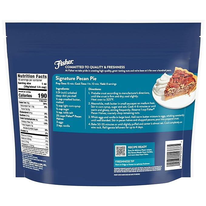 Fisher Chef's Naturals Pecan Halves 1 Lb Resealable Bag, Unsalted Raw Nuts for Cooking, Baking & Snacking, Vegan Protein, Keto Snack, Healthy Snacks for Adults,Gluten Free Raw Pecans Halves