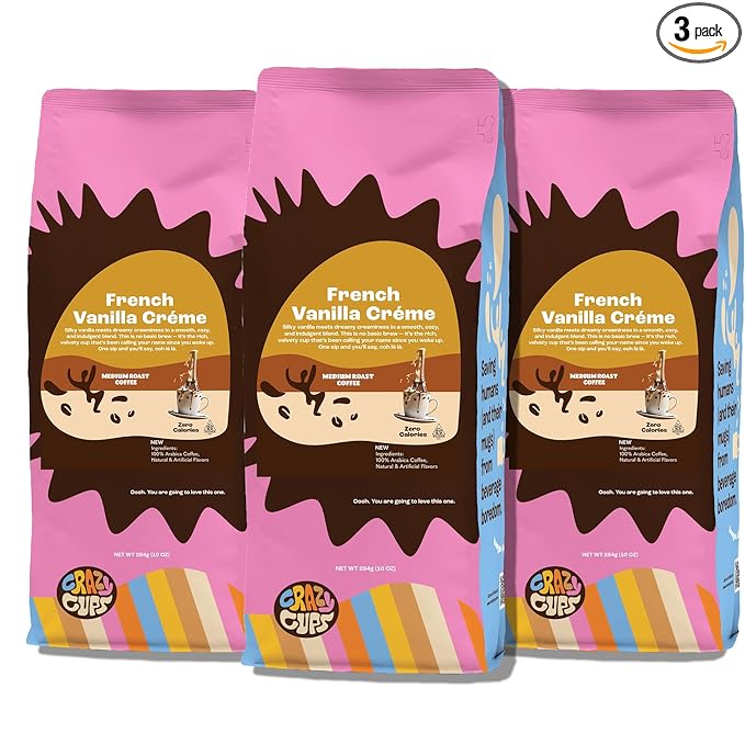 Crazy Cups French Vanilla Coffee, Flavored Ground Coffee (Vanilla Creme), 10 oz Bags, Pack of 3
