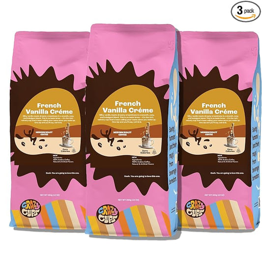 Crazy Cups French Vanilla Coffee, Flavored Ground Coffee (Vanilla Creme), 10 oz Bags, Pack of 3