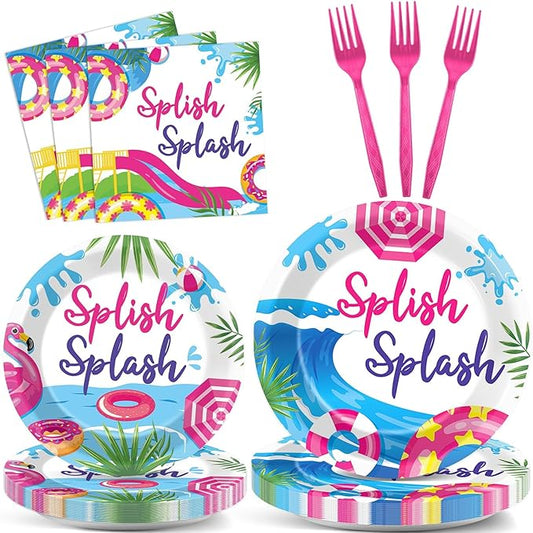 96Pcs Pink Splish Splash Plates and Napkins Summer Pool Birthday Party Decorations Splish Splash Bash Dessert Plates Summer Beach Tableware for 24 Guests Girls Hawaiian Party Supplies
