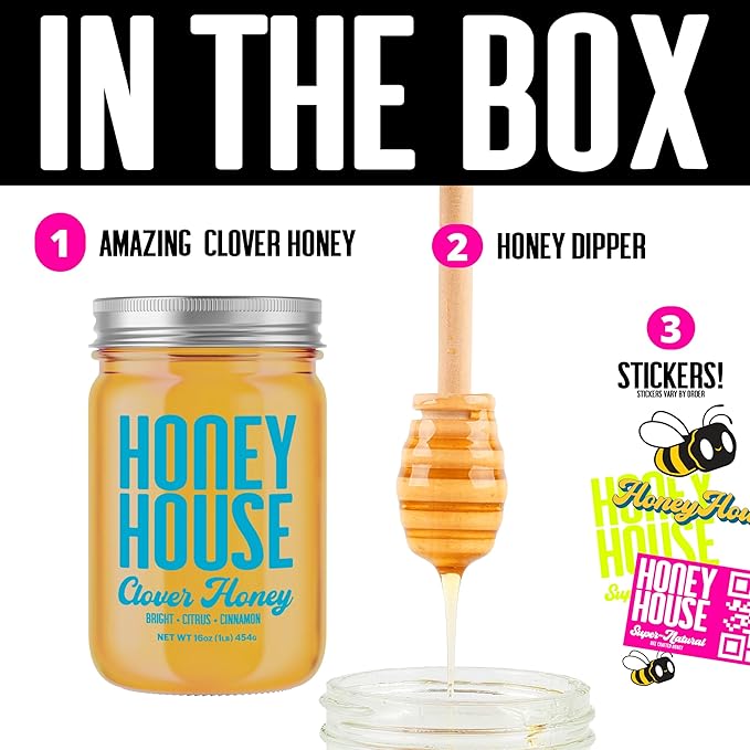 Honey House 100% Raw Clover – 100% Pure, Unfiltered & American-Sourced – Natural Sweetener in 12oz Glass Jar – No Additives, Non-GMO, Sourced only from American bee barmers (12 Fl Oz (Pack of 1), Clover Honey)