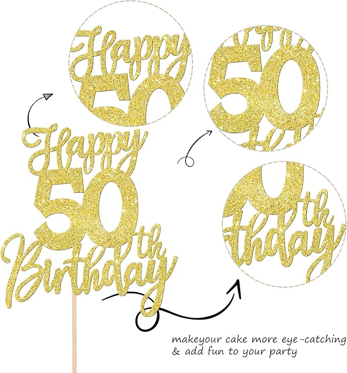 1 PCS Happy 50th Birthday Cake Topper Glitter Cheers to 50 Years Birthday Cake Pick Fifty Hello 50 Fabulous Cake Decoration for Happy 50th Birthday Anniversary Party Decorations Supplies Gold