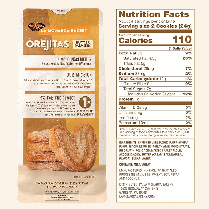 Orejitas Cookies, 3.4 Ounce (Pack of 3), Flaky and Crunchy Mexican Inspired Mini Palmiers made with Real Butter and Lightly Dusted with Sugar by La Monarca Bakery