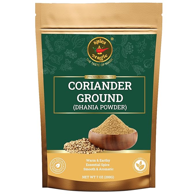 Spice Magic Ground Coriander Powder - 100% Pure & Freshly Ground, Non-GMO, Premium Quality Spice for Cooking and Seasoning- 7 oz (200 g) Resealable Bag