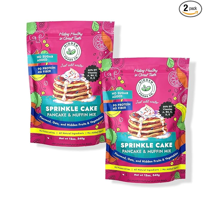 Hidden Foods Sprinkle Pancake & Muffin Mix, Made With Natural Oats, Flaxseed, Fruits & Vegetables | No Added Sugars, Healthy Blend of Protein & Fiber | Breakfast Meal, Just Add Water - 12 Oz - 2 Pack