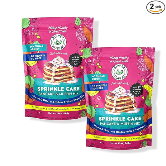 Hidden Foods Sprinkle Pancake & Muffin Mix, Made With Natural Oats, Flaxseed, Fruits & Vegetables | No Added Sugars, Healthy Blend of Protein & Fiber | Breakfast Meal, Just Add Water - 12 Oz - 2 Pack