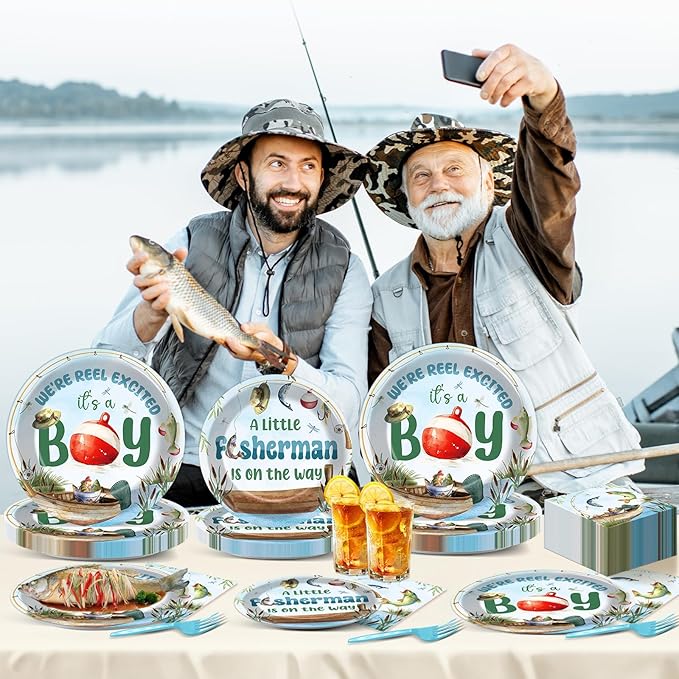 96Pcs A Little Fisherman Is On The Way Plates and Napkins Baby Shower Party Decorations Gone Fishing Dessert Disposable Plates It's A Boy Tableware Set for 24 Guests Baby Boy Birthday Party Supplies