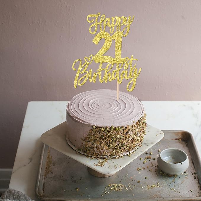 1 PCS Happy 21st Birthday Cake Topper Glitter Cheers to 21 Years Birthday Cake Pick Twenty One 21 Fabulous Cake Decoration for Happy 21st Birthday Anniversary Party Decorations Supplies Gold