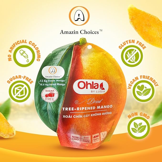 Dried Tree-Ripened Mango 7.05 Oz Pack - Premium Dried Mango Strips, Unsweetened, Non-GMO, Vegan, Gluten Free, Sugar-Free Fruit Slices for Delicious Snacking by Amazin Choices. Snack Viet Mangoes Slices