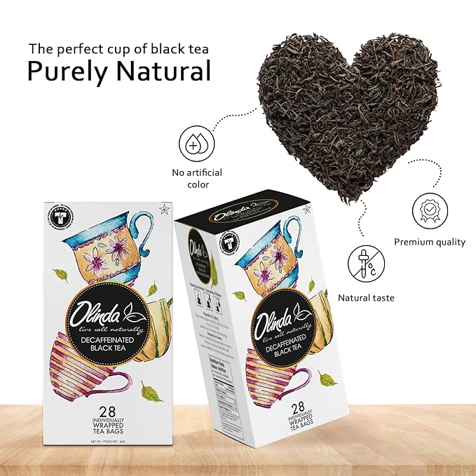 Olinda Decaffeinated Black Tea Premium Organic Sugar Free Decaf Flavored 28 Individually Wrapped Tea Bags Enjoy Hot or Iced Smooth Relaxing & Antioxidant Rich Evening Tea