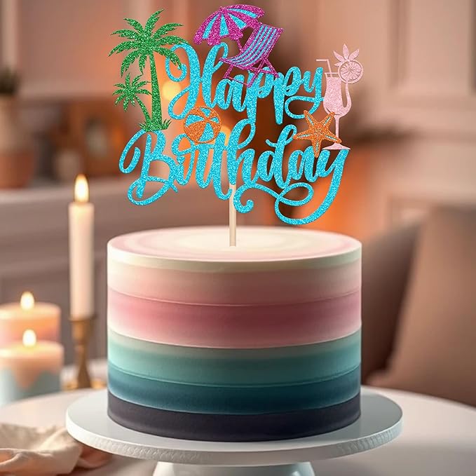 Rsstarxi 1 Pack Summer Beach Happy Birthday Cake Topper Pool Birthday Cake Decorations Chair Ball Cupcake Picks for Hawaiian Holiday Baby Shower Party Decorations Blue