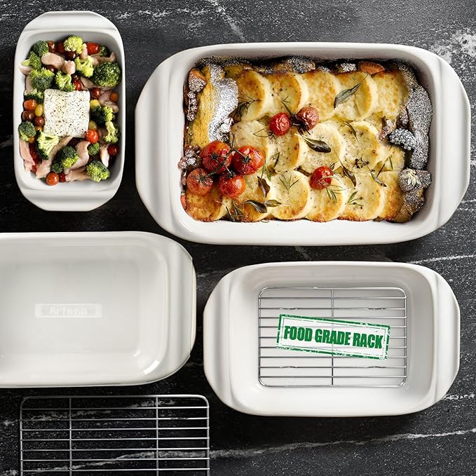 Artena Casserole Dishes For Oven, Ceramic Baking Dish, Large Lasagna Pan With Handles, Baking Pan Casserole Dish, Rectangular Bakeware Deep, White, Set Of 3 (5.1Qt/2.3Qt/1.1Qt) (Baking Dish With Rack)