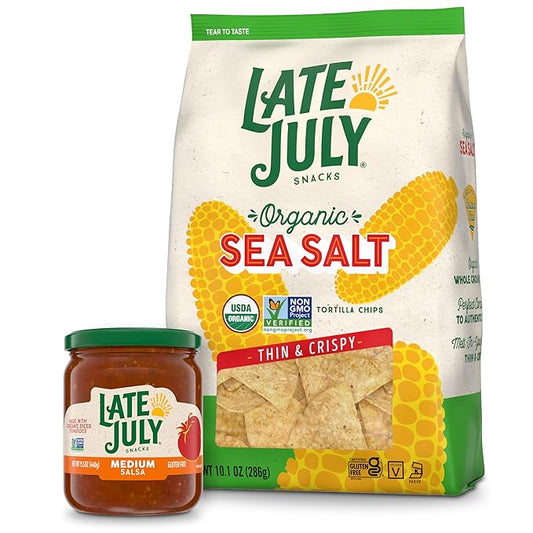 Late July Snacks Thin and Crispy Organic Tortilla Chips with Sea Salt, 10.1 oz Bag and Late July Snacks Medium Salsa, 15.5 oz Jar