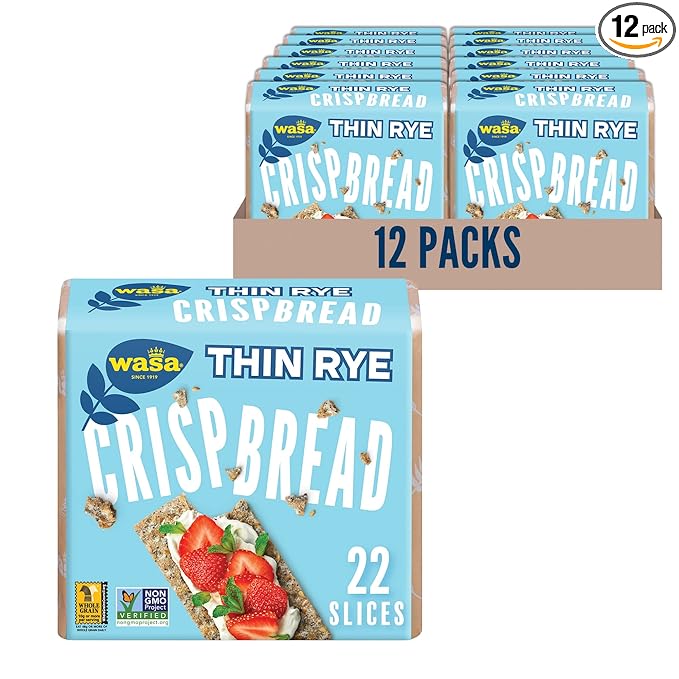WASA Thin Rye Swedish Crispbread, 8.6 oz, Non-GMO Project Verified Rye Crackers, No Saturated Fat (0.5g Total Fat), 0g of Trans Fat, No Cholesterol, 100% Whole Grain (Pack of 12)
