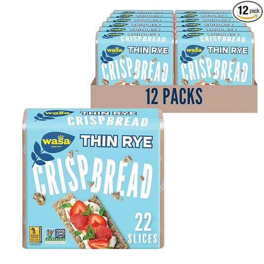 WASA Thin Rye Swedish Crispbread, 8.6 oz, Non-GMO Project Verified Rye Crackers, No Saturated Fat (0.5g Total Fat), 0g of Trans Fat, No Cholesterol, 100% Whole Grain (Pack of 12)
