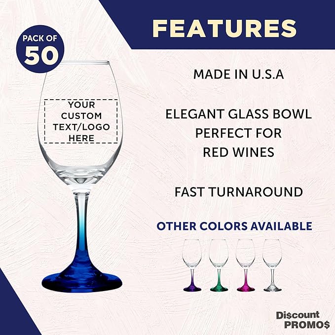 Custom Rioja Wine Glasses with Stem 10 oz. Set of 50, Personalized Bulk Pack - Color Bottom, Perfect for Wedding, Party Favors, Birthday, Bridal Shower Gifts - Blue
