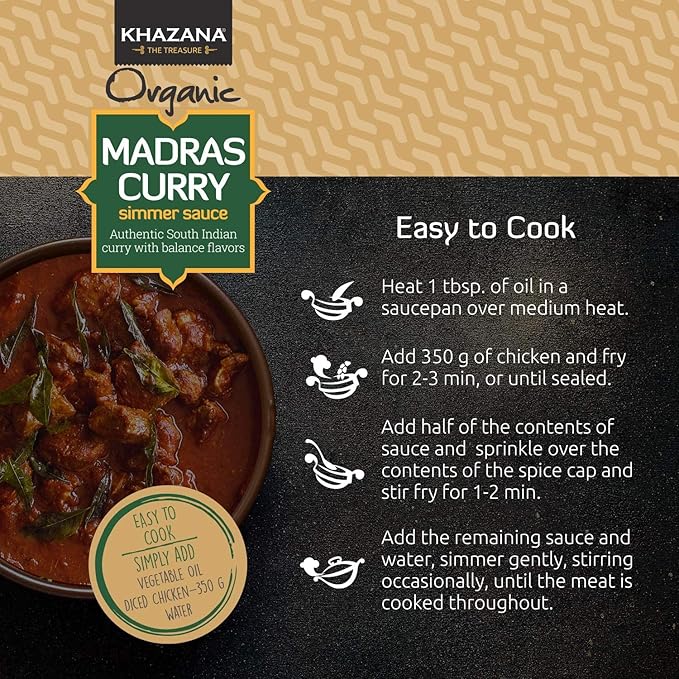 Khazana ORGANIC Madras Curry Indian Simmer Sauce - 12.7oz Jars | Non-GMO, Vegan, Gluten Free, Kosher | Authentic Indian Meals Made Easy at Home!