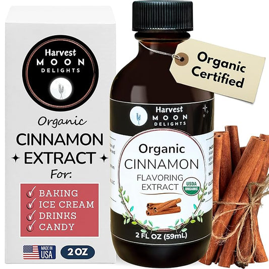 Organic Cinnamon Flavoring Extract for Baking, Ice Cream, Drinks, and Candy - 2 oz - Water-Soluble - By Harvest Moon Delights - Pure Cinnamon Extract, Flavoring, Flavor