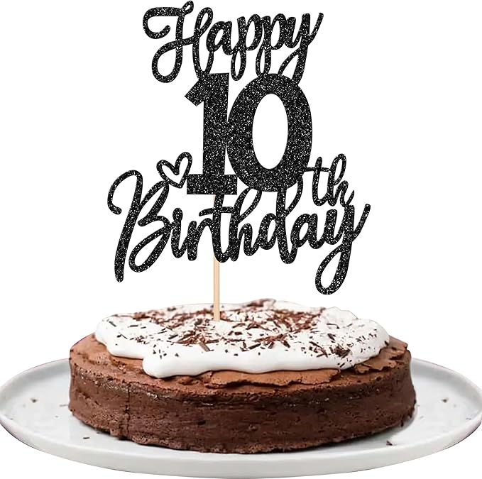1 PCS Happy 10th Birthday Cake Topper Glitter Cheers to 10 Years Birthday Cake Pick Ten 10 Fabulous Cake Decoration for Happy 10th Birthday Anniversary Theme Party Decorations Supplies Black