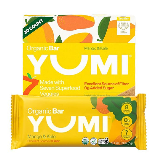 Yumi Organic Toddler Snacks Bars - Gluten-Free, No Added Sugar, 7+ Vegetables, Soft-Baked Crust, Yumi Bars Healthy Toddler Organic Snacks - School Safe and for Lunch Boxes, Mango & Kale (30ct.)