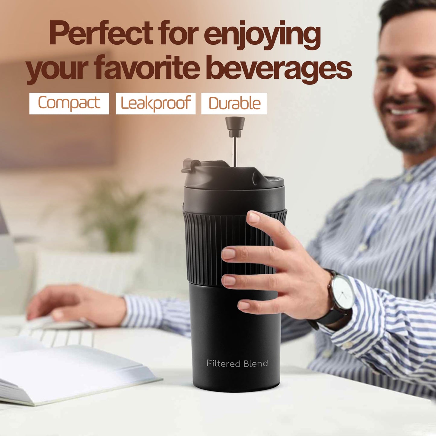 15oz Stainless Steel Travel French Press-Insulated Coffee Mug-Tumbler Black