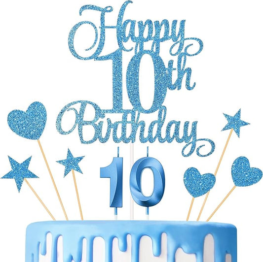 10th Birthday Cake Decorations, 10th Birthday Candles Cake Numeral Candles and Glitter Happy 10th Birthday Cake Toppers Set for Birthday Party Supplies (Blue)