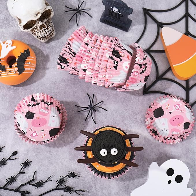 300Pcs Halloween Cupcake Liner Pink Boo Ghost Baking Cup Paper Muffin Cupcake Wrapper for Trick or Treat Party Supplies