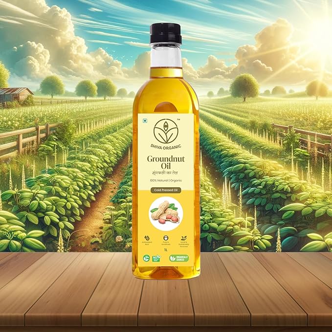 Shiva Organic Cold-Pressed Groundnut Oil - 100% Natural, Certified Organic - 1L (33.8 fl oz) for Cooking, Frying, and Healthy Living