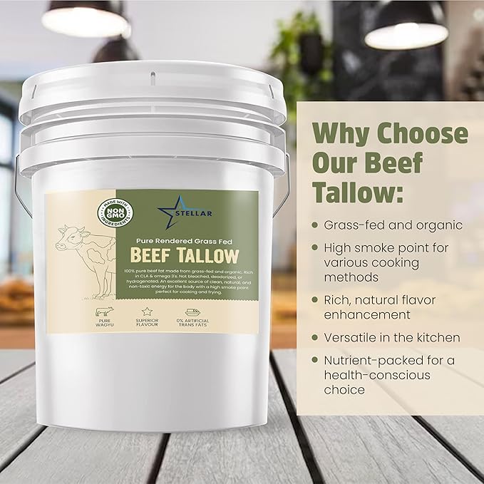 Stellar - Beef Tallow - 100% Grass-Fed & Finished - Good for Cooking, Baking and Frying - Food Grade - 5 LBS
