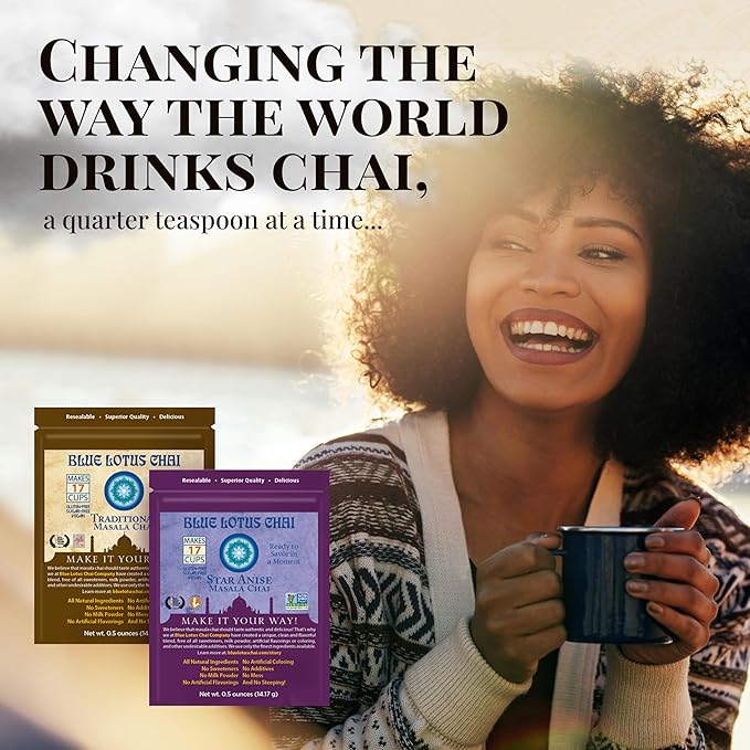 Blue Lotus Chai - Star Anise Masala Chai - Makes 17 Cups - 0.5 oz Pouch Masala Spiced Chai Powder with Organic Spices - Instant Indian Tea No Steeping - No Gluten