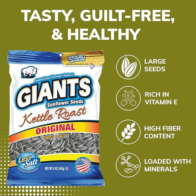 GIANTS Kettle Roast Sweet & Salty Sunflower Seeds - Sunflower Seeds Bulk, Sunflower Seed Snack, Roasted Sunflower Seeds to Eat, High Protein Snack - 5 oz Resealable Bag (Pack of 3)