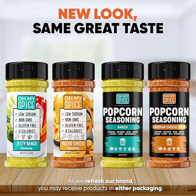 Popcorn Seasoning Variety Pack - Gluten Free & Low Sodium Ranch Seasoning Powder & Cheddar Cheese Powder Flavors. Pop Corn Gift Set. Pop Corn Flavorings Topping Variety Pack. Popcorn Seasonings Kit